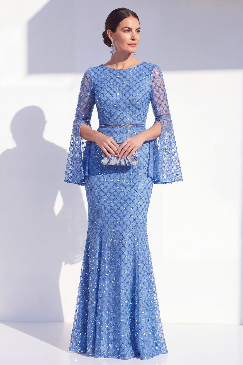 Load image into Gallery viewer, Sparkly Blue Mermaid Boat Neck Long Beaded Mother of the Bride Dress with Sleeves