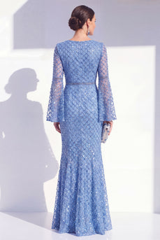 Sparkly Blue Mermaid Boat Neck Long Beaded Mother of the Bride Dress with Sleeves