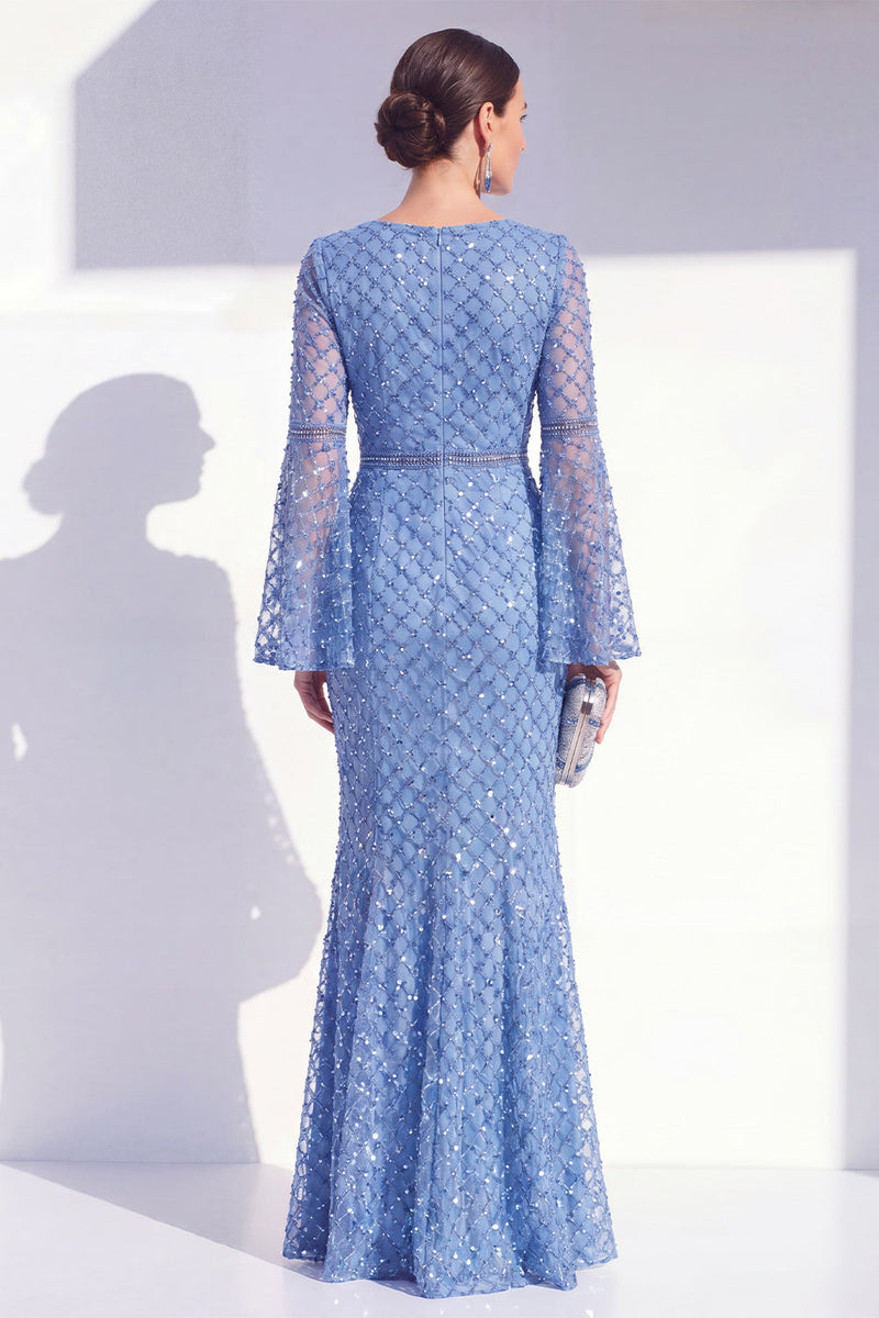 Load image into Gallery viewer, Sparkly Blue Mermaid Boat Neck Long Beaded Mother of the Bride Dress with Sleeves