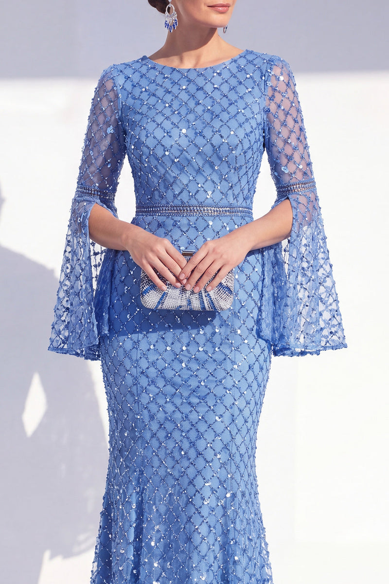 Load image into Gallery viewer, Sparkly Blue Mermaid Boat Neck Long Beaded Mother of the Bride Dress with Sleeves