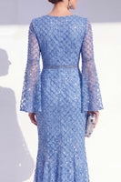 Load image into Gallery viewer, Sparkly Blue Mermaid Boat Neck Long Beaded Mother of the Bride Dress with Sleeves
