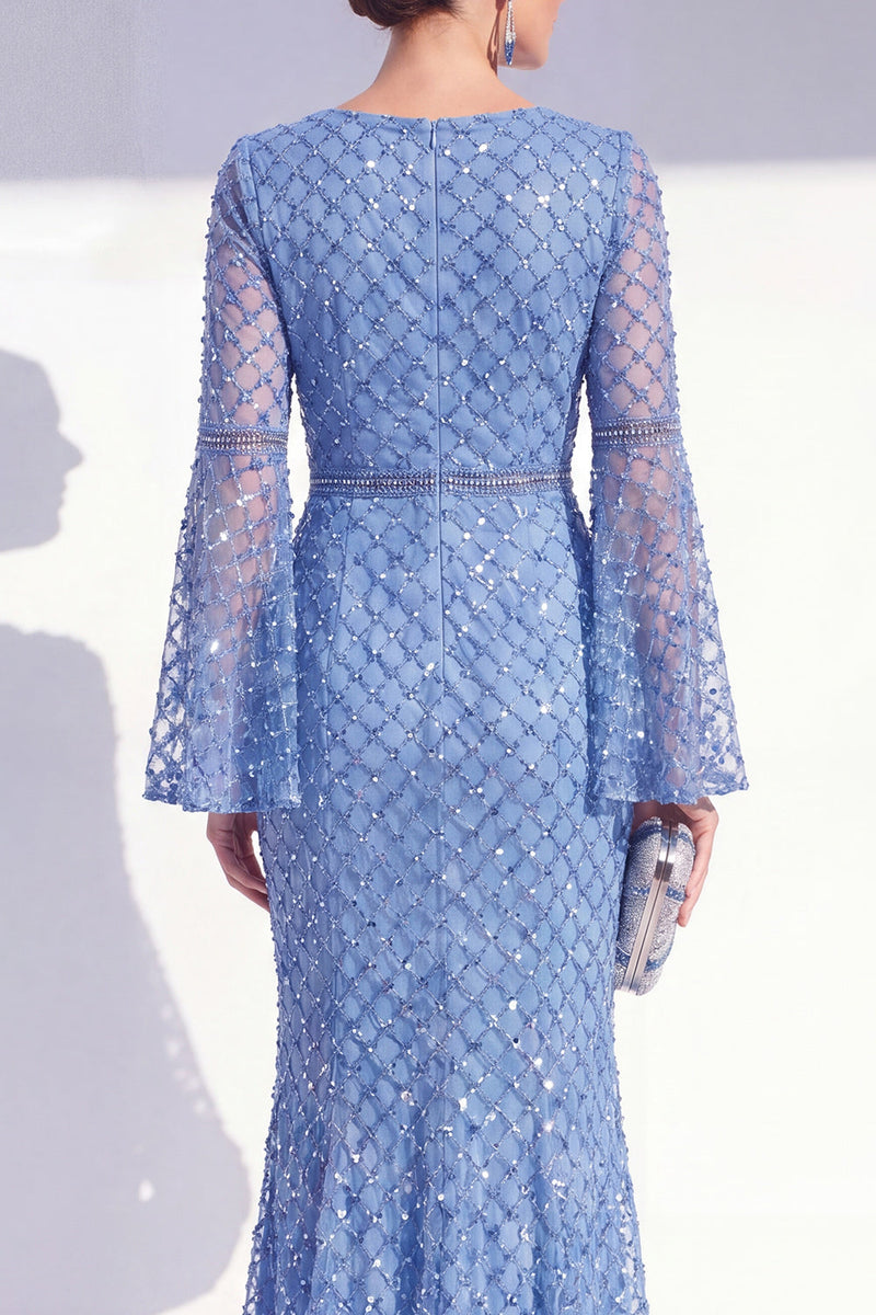 Load image into Gallery viewer, Sparkly Blue Mermaid Boat Neck Long Beaded Mother of the Bride Dress with Sleeves