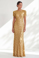 Load image into Gallery viewer, Sparkly Golden Beaded Mermaid Round Neck Long Sequin Mother of the Bride Dress with Sleeves