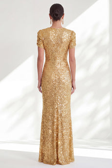 Sparkly Golden Beaded Mermaid Round Neck Long Sequin Mother of the Bride Dress with Sleeves
