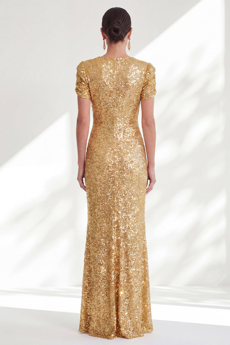 Load image into Gallery viewer, Sparkly Golden Beaded Mermaid Round Neck Long Sequin Mother of the Bride Dress with Sleeves