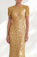 Load image into Gallery viewer, Sparkly Golden Beaded Mermaid Round Neck Long Sequin Mother of the Bride Dress with Sleeves