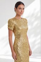 Load image into Gallery viewer, Sparkly Golden Beaded Mermaid Round Neck Long Sequin Mother of the Bride Dress with Sleeves