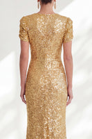 Load image into Gallery viewer, Sparkly Golden Beaded Mermaid Round Neck Long Sequin Mother of the Bride Dress with Sleeves