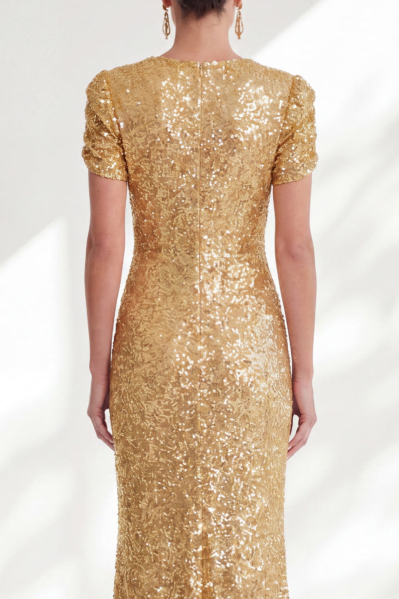 Load image into Gallery viewer, Sparkly Golden Beaded Mermaid Round Neck Long Sequin Mother of the Bride Dress with Sleeves