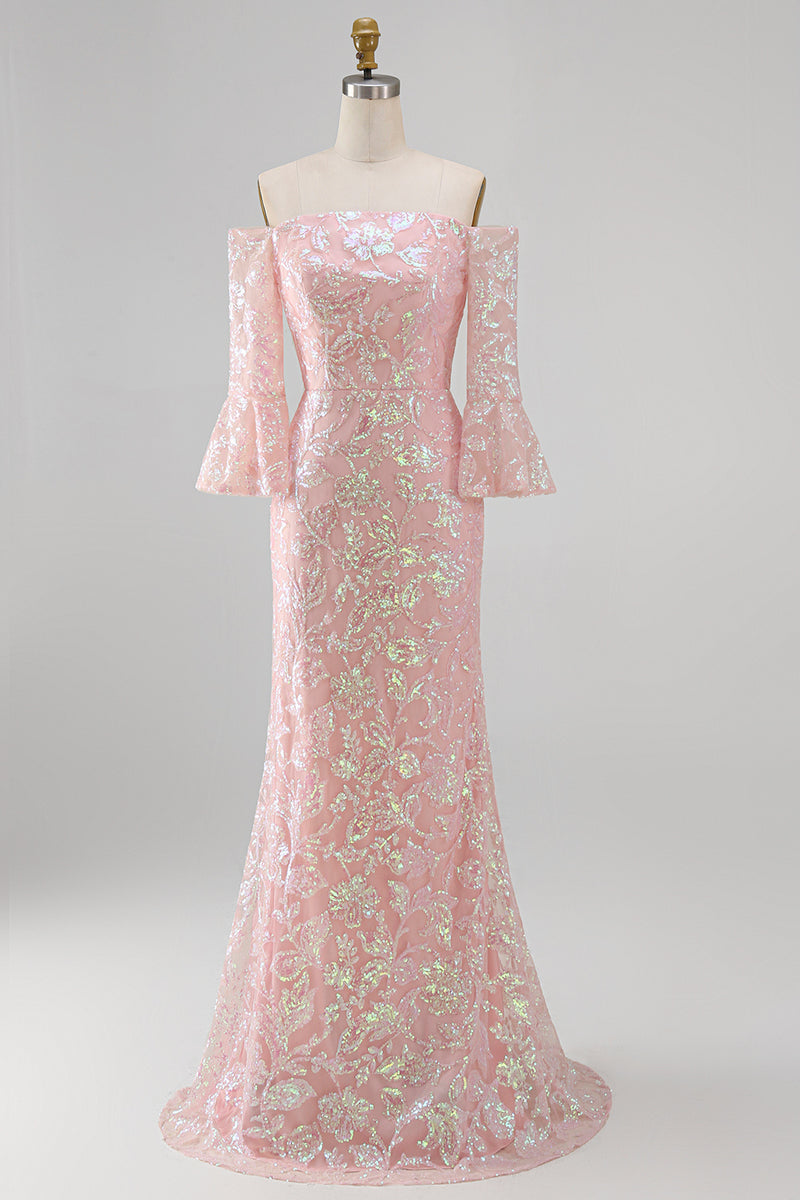 Load image into Gallery viewer, Sparkly Blush Mermaid Floral Long Beaded Mother of the Bride Dress with Sleeves