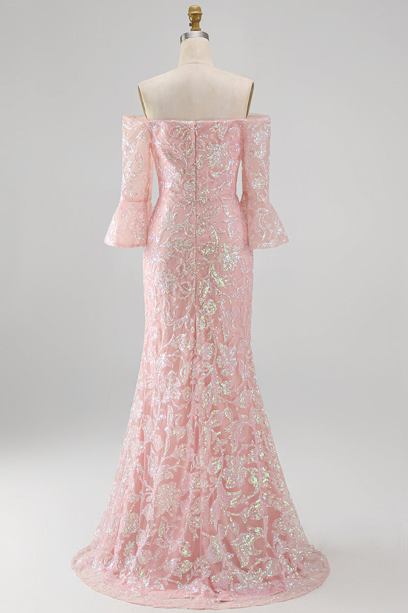 Load image into Gallery viewer, Sparkly Blush Mermaid Floral Long Beaded Mother of the Bride Dress with Sleeves
