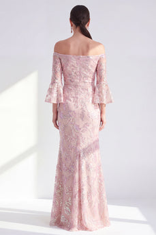 Sparkly Blush Mermaid Floral Long Beaded Mother of the Bride Dress with Sleeves