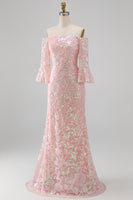 Load image into Gallery viewer, Sparkly Blush Mermaid Floral Long Beaded Mother of the Bride Dress with Sleeves
