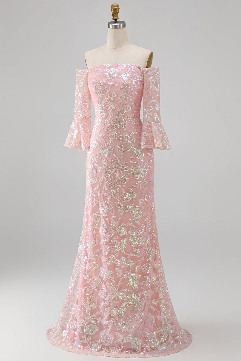 Load image into Gallery viewer, Sparkly Blush Mermaid Floral Long Beaded Mother of the Bride Dress with Sleeves