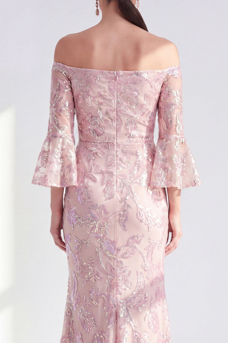 Load image into Gallery viewer, Sparkly Blush Mermaid Floral Long Beaded Mother of the Bride Dress with Sleeves