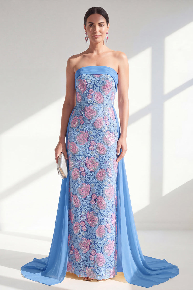 Load image into Gallery viewer, Sparkly Strapless Floral Lace Blue Sheath Long Beaded Mother of the Bride Dress with Cape