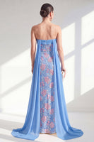 Load image into Gallery viewer, Sparkly Strapless Floral Lace Blue Sheath Long Beaded Mother of the Bride Dress with Cape