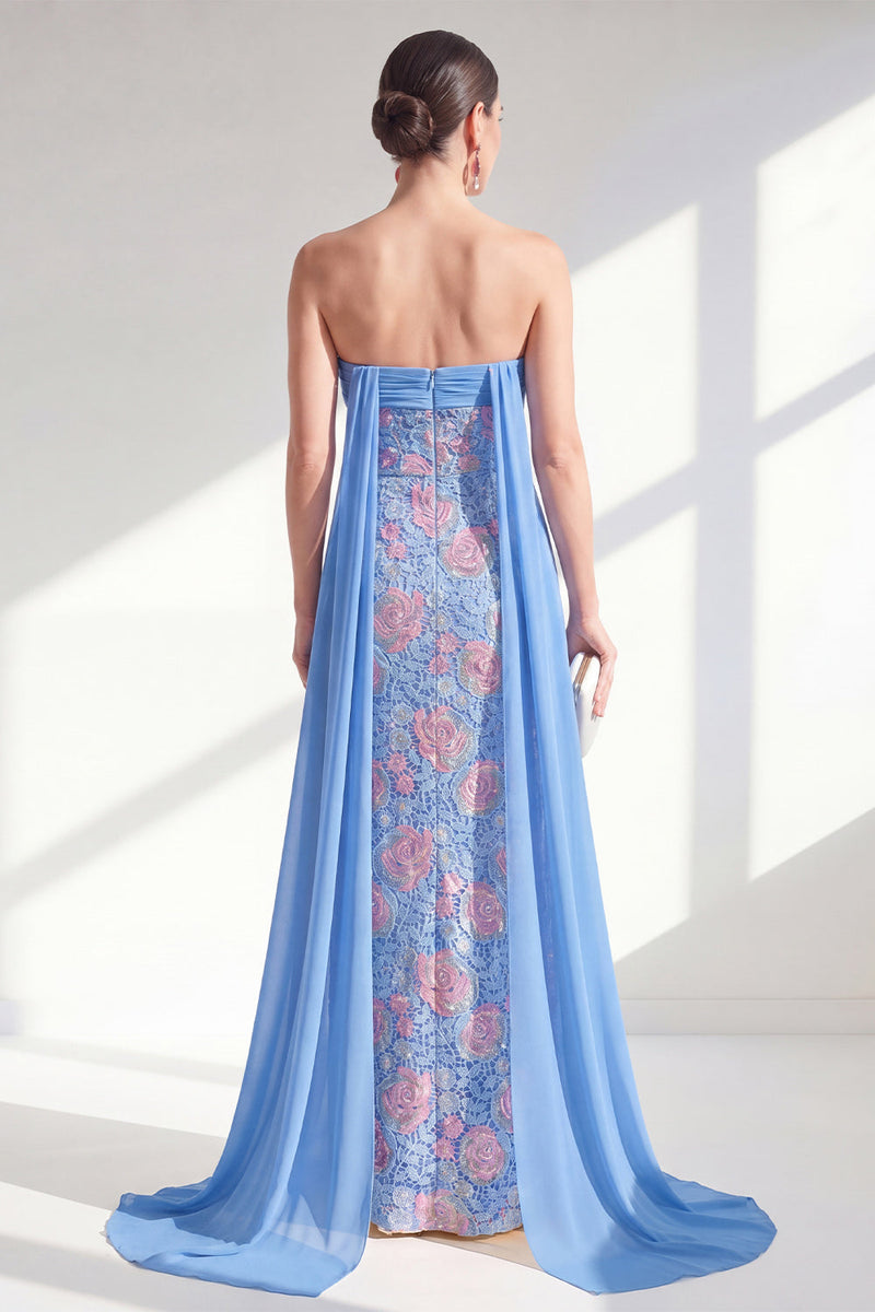 Load image into Gallery viewer, Sparkly Strapless Floral Lace Blue Sheath Long Beaded Mother of the Bride Dress with Cape