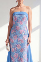 Load image into Gallery viewer, Sparkly Strapless Floral Lace Blue Sheath Long Beaded Mother of the Bride Dress with Cape