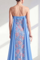 Load image into Gallery viewer, Sparkly Strapless Floral Lace Blue Sheath Long Beaded Mother of the Bride Dress with Cape