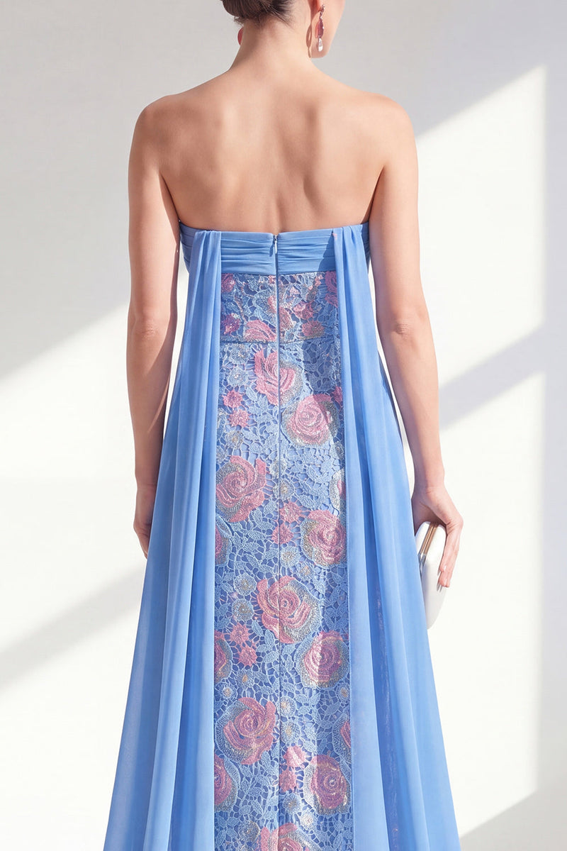 Load image into Gallery viewer, Sparkly Strapless Floral Lace Blue Sheath Long Beaded Mother of the Bride Dress with Cape
