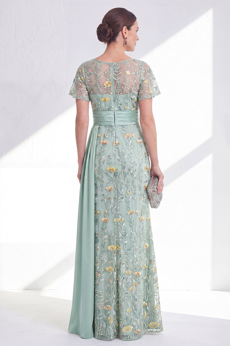 Load image into Gallery viewer, Long Floral Beaded Mermaid Green Mother of the Bride Dress with Side Cape