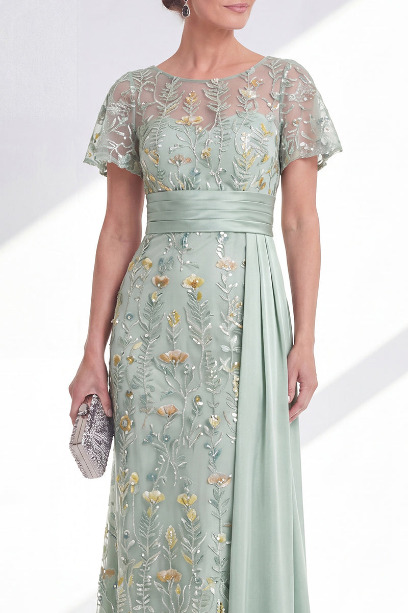 Load image into Gallery viewer, Long Floral Beaded Mermaid Green Mother of the Bride Dress with Side Cape