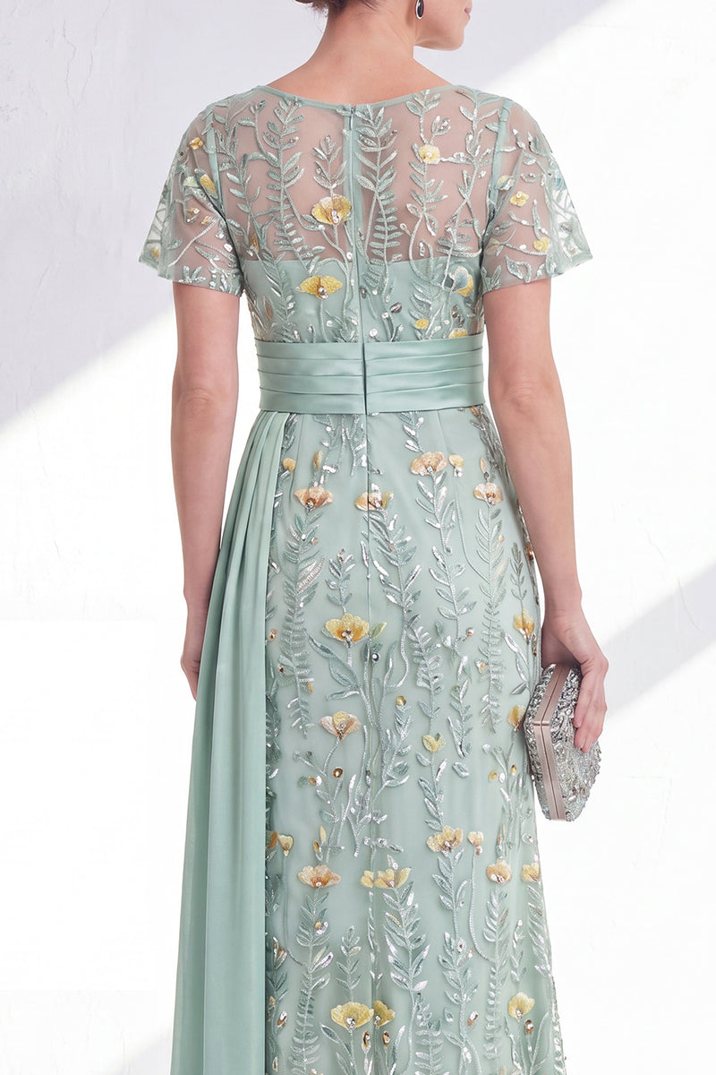 Load image into Gallery viewer, Long Floral Beaded Mermaid Green Mother of the Bride Dress with Side Cape