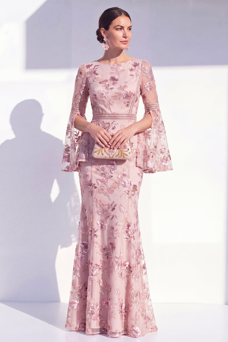 Load image into Gallery viewer, Floral Blush Mermaid Boat Neck Long Beaded Mother of the Bride Dress