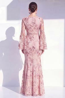 Floral Blush Mermaid Boat Neck Long Beaded Mother of the Bride Dress