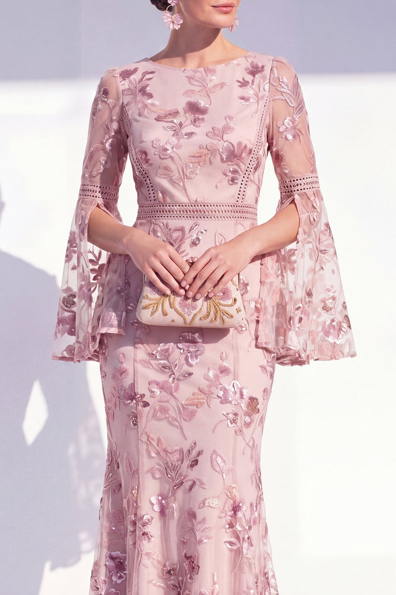 Load image into Gallery viewer, Floral Blush Mermaid Boat Neck Long Beaded Mother of the Bride Dress