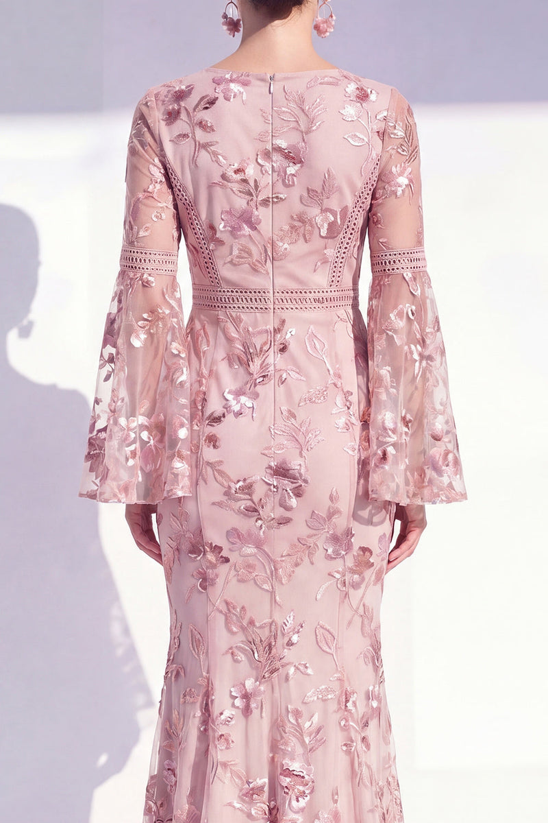 Load image into Gallery viewer, Floral Blush Mermaid Boat Neck Long Beaded Mother of the Bride Dress