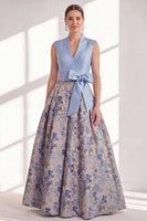Load image into Gallery viewer, A Line Jacquard Blue V-Neck Long Floral Mother of the Bride Dress with Bow