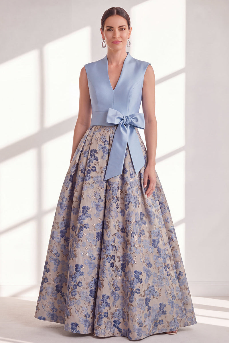 Load image into Gallery viewer, A Line Jacquard Blue V-Neck Long Floral Mother of the Bride Dress with Bow