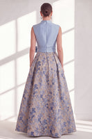Load image into Gallery viewer, A Line Jacquard Blue V-Neck Long Floral Mother of the Bride Dress with Bow