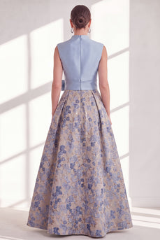 A Line Jacquard Blue V-Neck Long Floral Mother of the Bride Dress with Bow
