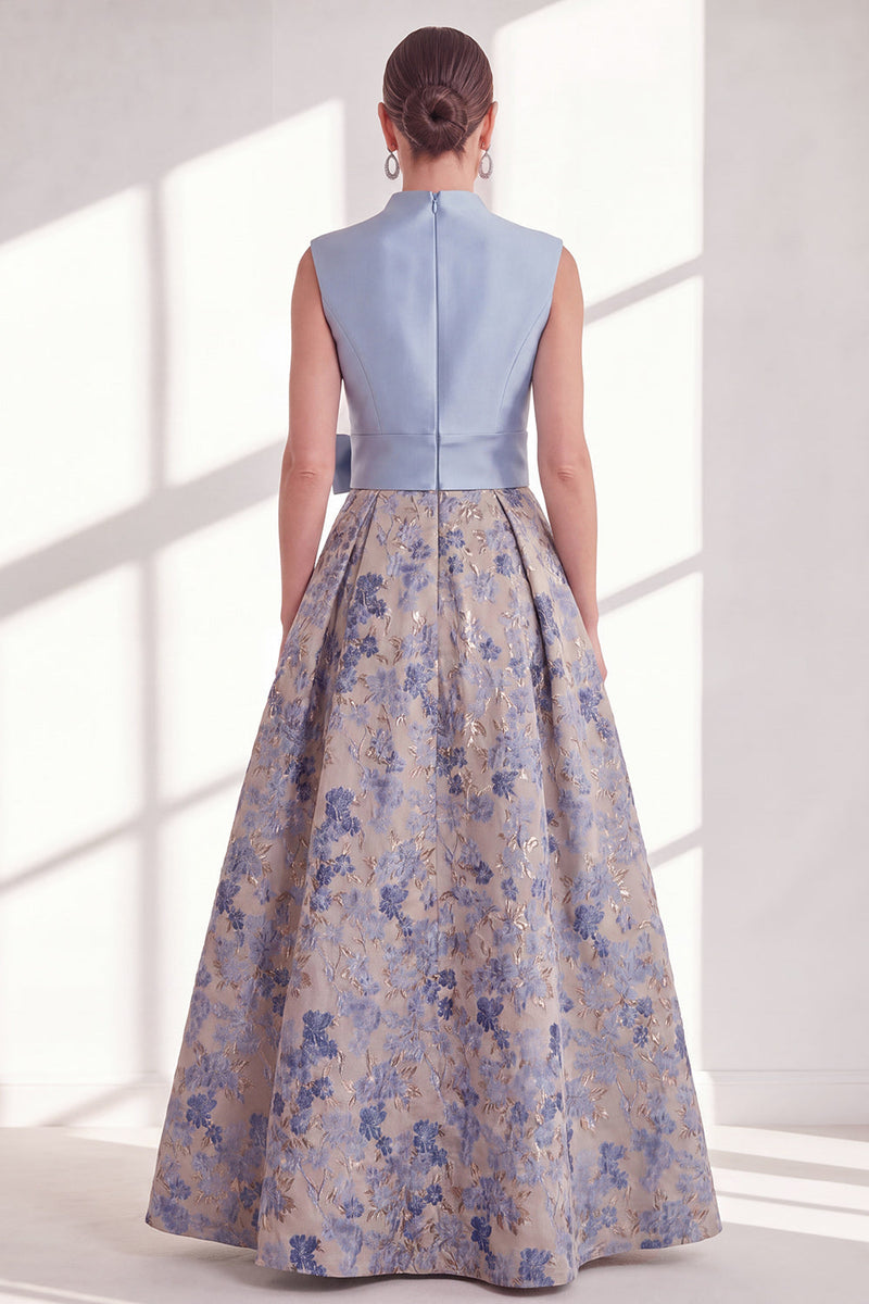 Load image into Gallery viewer, A Line Jacquard Blue V-Neck Long Floral Mother of the Bride Dress with Bow