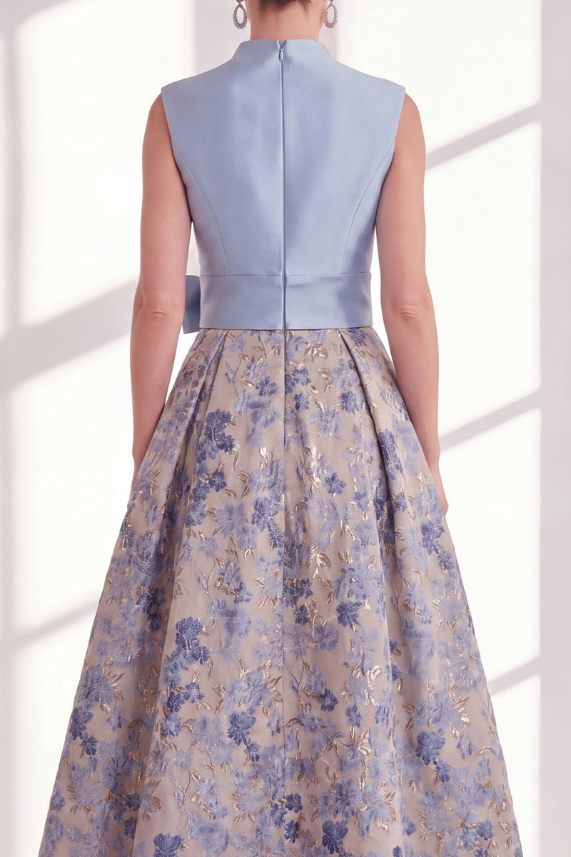 Load image into Gallery viewer, A Line Jacquard Blue V-Neck Long Floral Mother of the Bride Dress with Bow