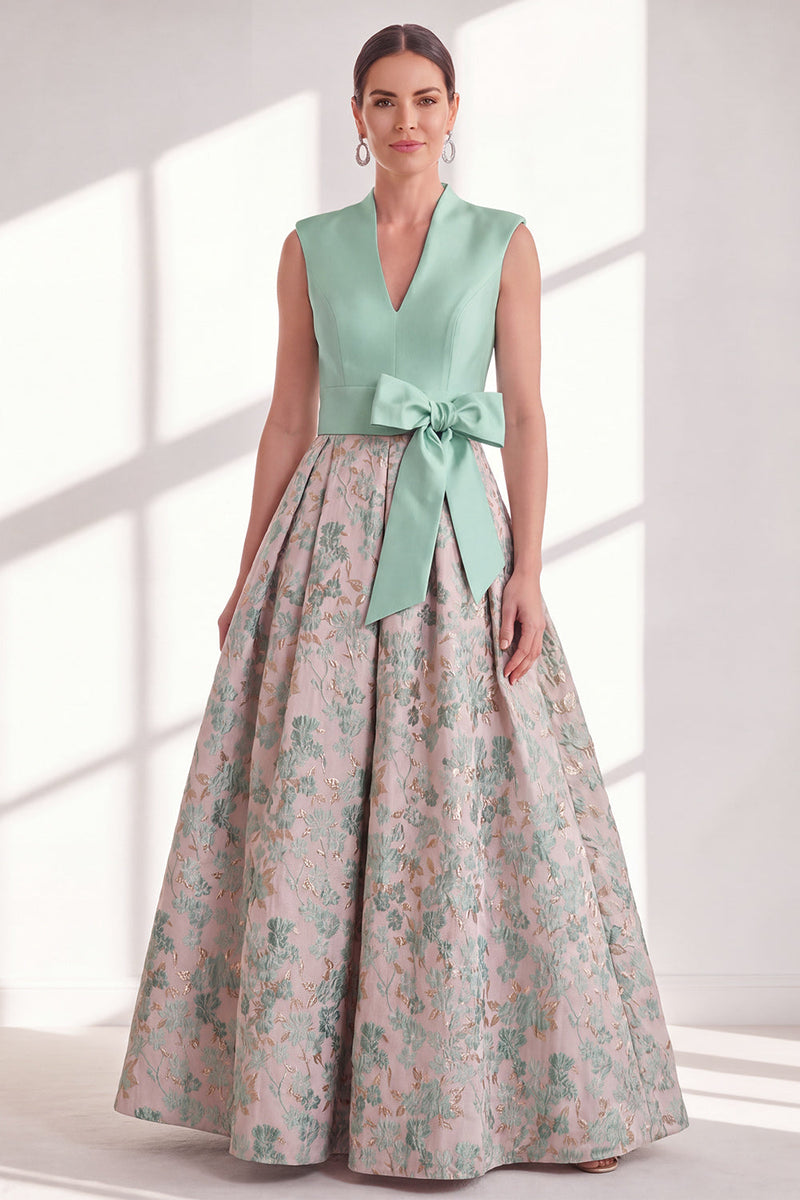 Load image into Gallery viewer, A Line Jacquard Blue V-Neck Long Floral Mother of the Bride Dress with Bow