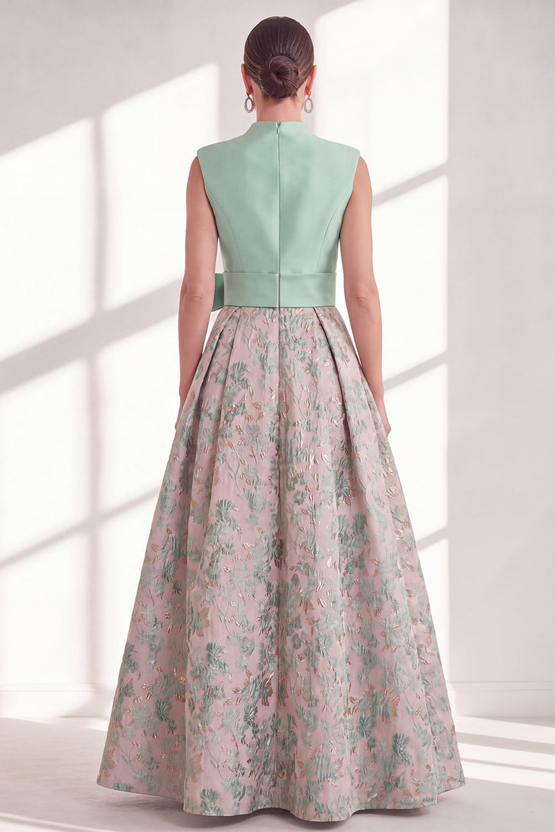 Load image into Gallery viewer, A Line Jacquard Blue V-Neck Long Floral Mother of the Bride Dress with Bow