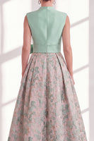Load image into Gallery viewer, A Line Jacquard Blue V-Neck Long Floral Mother of the Bride Dress with Bow