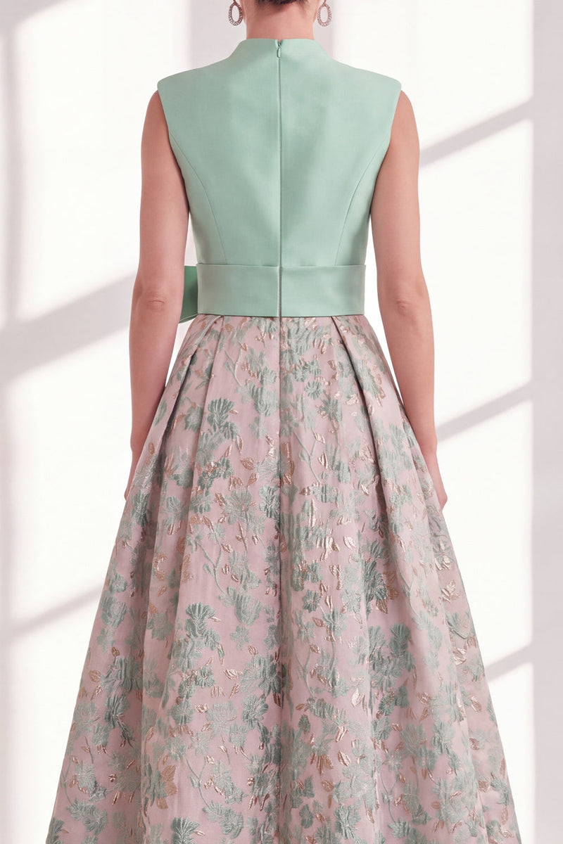 Load image into Gallery viewer, A Line Jacquard Blue V-Neck Long Floral Mother of the Bride Dress with Bow
