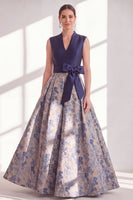 Load image into Gallery viewer, A Line Jacquard Blue V-Neck Long Floral Mother of the Bride Dress with Bow
