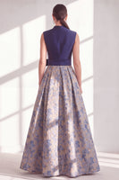 Load image into Gallery viewer, A Line Jacquard Blue V-Neck Long Floral Mother of the Bride Dress with Bow