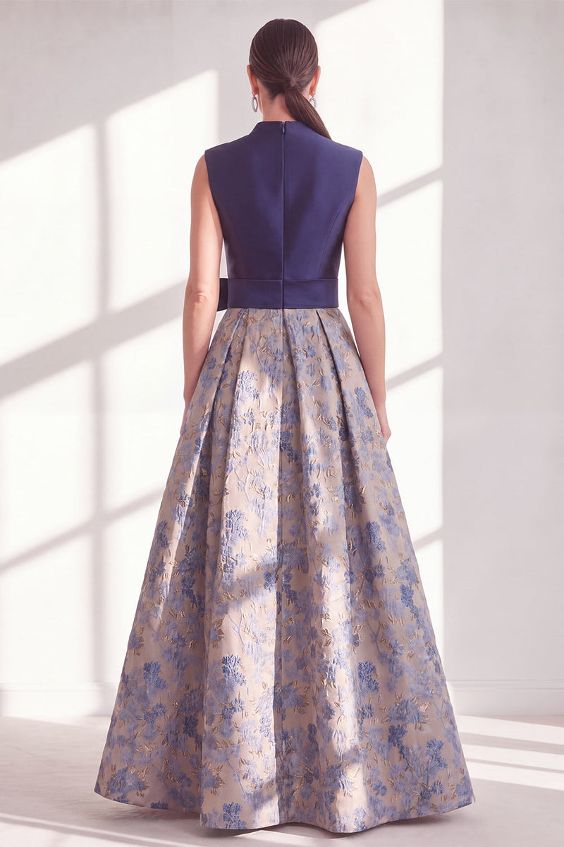 Load image into Gallery viewer, A Line Jacquard Blue V-Neck Long Floral Mother of the Bride Dress with Bow