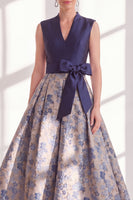 Load image into Gallery viewer, A Line Jacquard Blue V-Neck Long Floral Mother of the Bride Dress with Bow