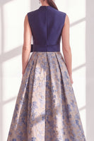 Load image into Gallery viewer, A Line Jacquard Blue V-Neck Long Floral Mother of the Bride Dress with Bow