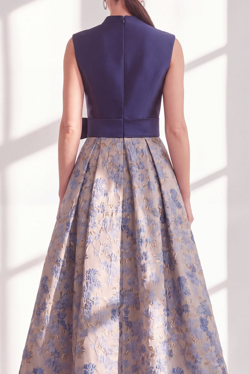 Load image into Gallery viewer, A Line Jacquard Blue V-Neck Long Floral Mother of the Bride Dress with Bow
