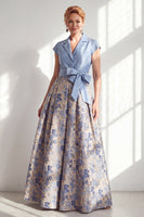 Load image into Gallery viewer, Navy Jacquard Long A Line Floral Mother of the Bride Dress with Bow