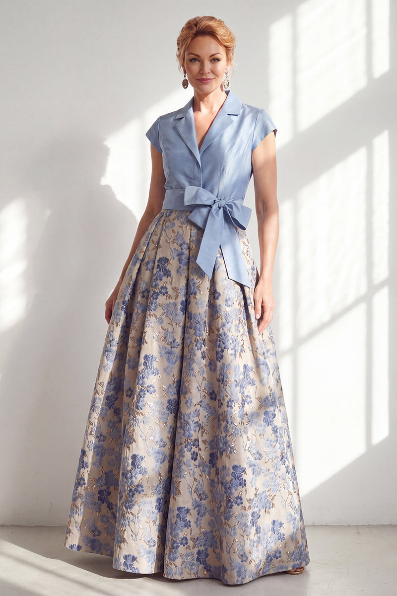 Load image into Gallery viewer, Navy Jacquard Long A Line Floral Mother of the Bride Dress with Bow
